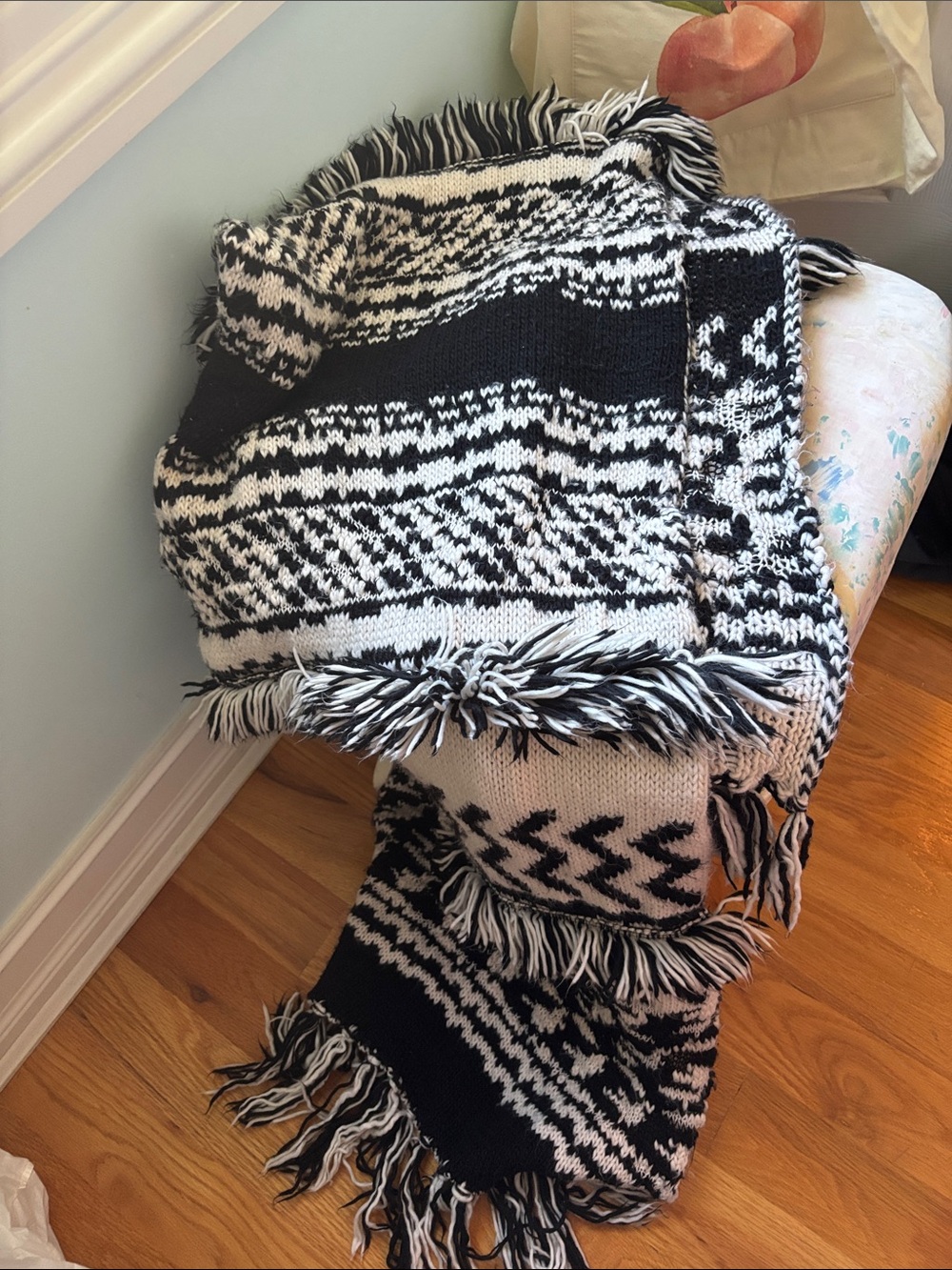 Black & White Patterned scarf slash throw with Fringe